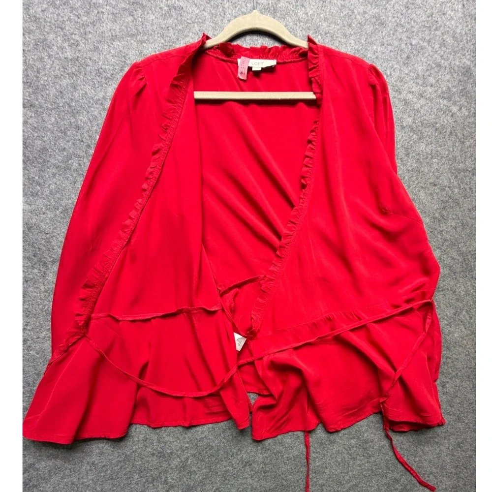 Loft Red Ruffle Wrap Blouse Peplum Top Long Sleeve Rayon Womens Medium Romantic